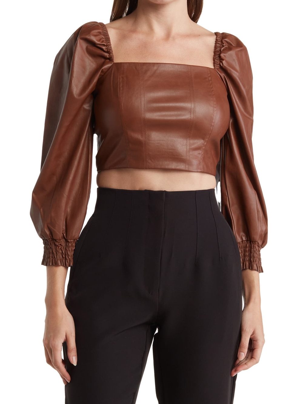 Avec Les Filles Brown Faux Leather Puff Sleeve Crop Top